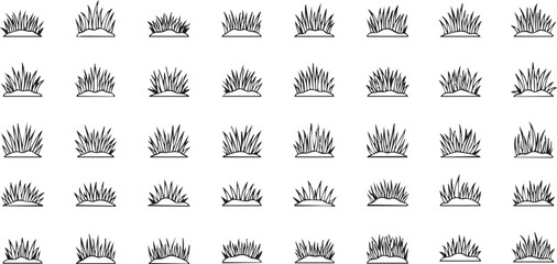 A grid of various hand-drawn black and white illustrations depicting different styles of grass tufts or clumps, suitable for graphic design elements.