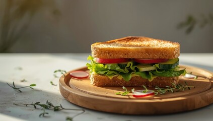 Radish, lettuce, and cucumber club sandwich with stacked fresh vegetables highlighting healthy eating choices, ideal for lunch, Nutrition Awareness Week