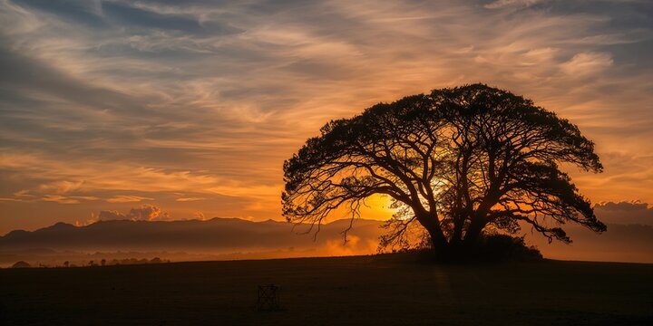 Sunset silhouette of eucalyptus trees in a field during evening, natural landscape scene