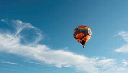 Fototapeta premium Vibrant hot air balloon soaring through clear blue sky, highlighting recreational activity and outdoor exploration, World Tourism Day
