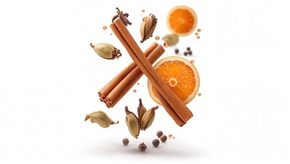 Arrangement of dried orange slices, cinnamon, cloves, cardamom, and black pepper in a floating mulling spices blend for winter holiday brewing, seasonal preparation
