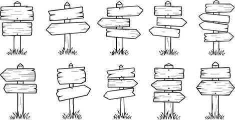 Collection of ten hand-drawn blank wooden signposts with multiple planks and arrows, standing in grass, for design elements.