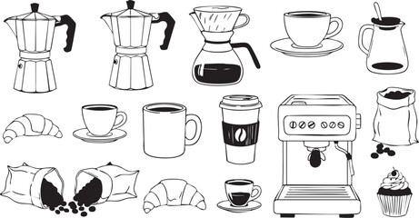 Hand-drawn black and white illustration set of various coffee brewing equipment, cups, beans, and pastries like croissants and a cupcake.