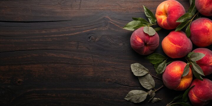Fresh red flat peaches with leaves on dark wooden surface, fruit ripeness and natural textures
