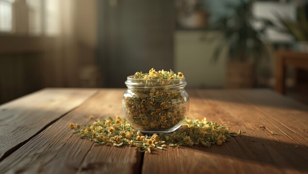 Herbal chamomile tea stored in a glass jar on rustic wood surface, suitable for tea brewing