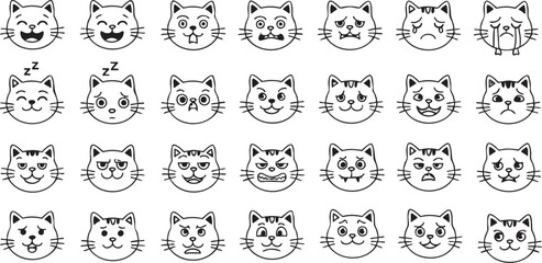 A collection of cute cartoon cat faces displaying a wide range of emotions and expressions in simple black and white line art.