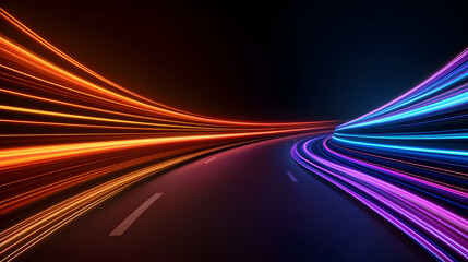 Colorful light trails on dark road create dynamic and vibrant atmosphere