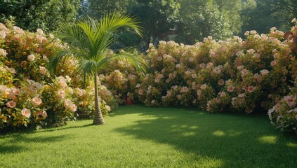 Brightly blooming flowers encircle a small green palm tree in a tropical hotel garden, suited for landscape planning