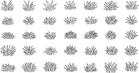 A collection of black and white line art illustrations depicting various stylized grass tufts and clumps, suitable for graphic design elements.