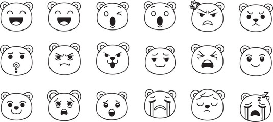 A collection of various cartoon bear faces expressing a wide range of emotions and feelings, depicted as black and white line art emojis.