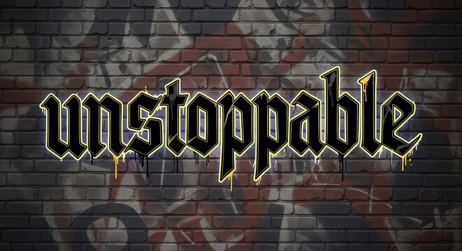 Bold stylized word rendered as glowing signage against a graffiti covered exterior wall