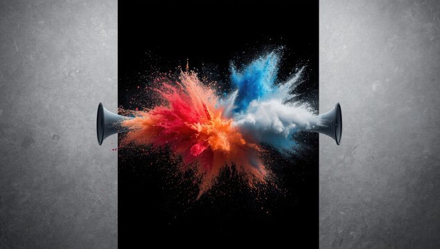 A burst of powder escapes from high-powered loudspeakers against a black background, illustrating sound energy release.