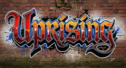 Stylized word rendered in bold graffiti lettering applied to an old brick wall surface