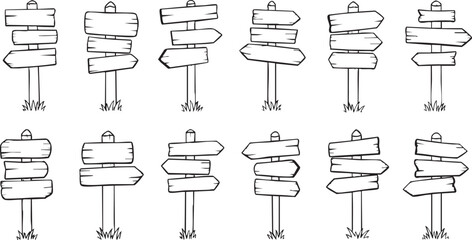Collection of hand-drawn cartoon wooden signposts with blank arrows and rectangular boards pointing in various directions, isolated on white background.