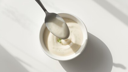 Tartar sauce being poured over a dish on a white background focusing on condiment control