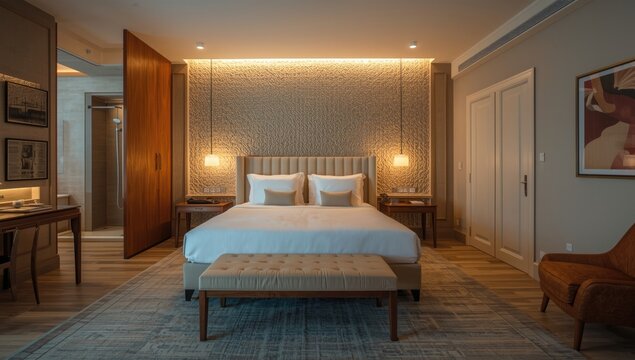 Interior shot of a hotel room in Bosnia and Herzegovina, highlighting furnishings and room arrangement