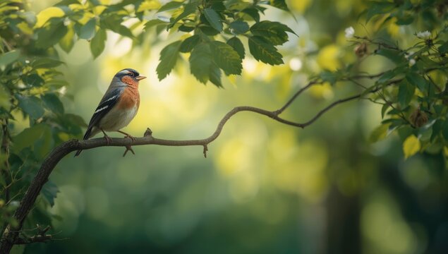 Chaffinch resting on a branch in a natural setting, highlighting outdoor bird habitat, Bird Conservation Day - Powered by Adobe