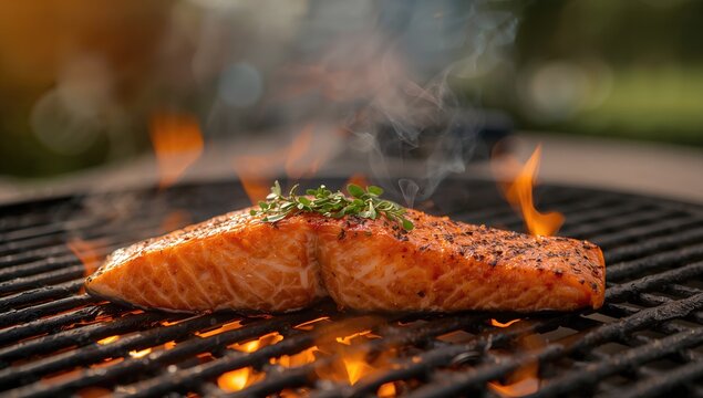 Salmon fillet on the grill with flames, highlighting cooking process and safety measures, World Food Safety Day