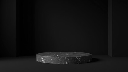 Product presentation stand crafted from black stone against a dark backdrop, focusing on stability and style