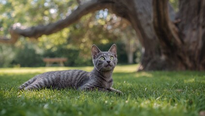 Young street kitten resting by a tree, showcasing urban wildlife and relaxed posture