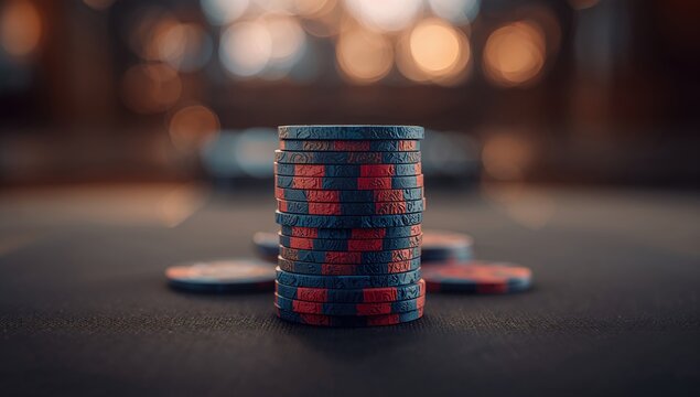 Detailed view of colorful casino chips serving as a backdrop for betting layout, focusing on gaming industry visuals