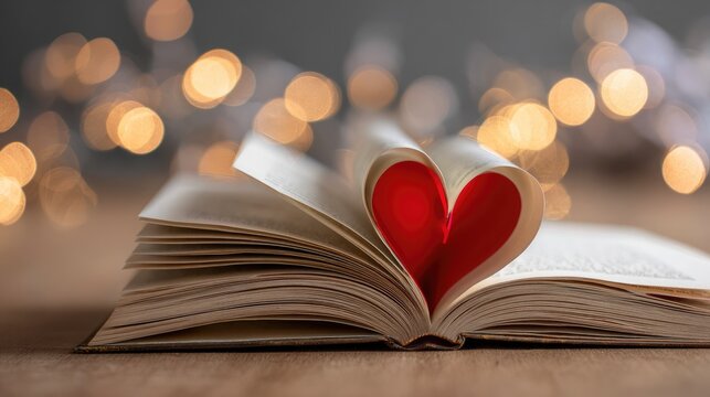 Open Book with Heart Shaped Pages and Warm Bokeh Lights