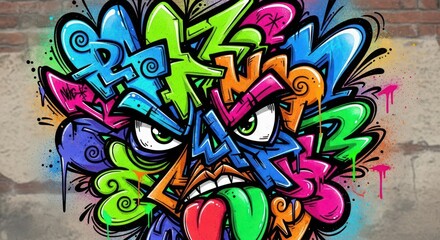 Fototapeta premium Vibrant, stylized illustration of an aggressive cartoon face created from layered graffiti lettering over a textured wall background