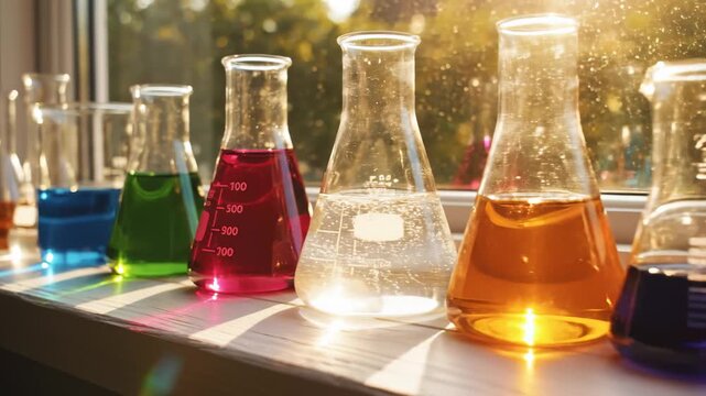 Laboratory Glassware With Colorful Liquid on Sunny Window Sill