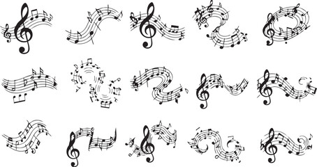 Collection of black musical notes and staves with treble clefs arranged in decorative, flowing patterns, representing various melodies and compositions.