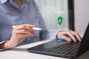 Person using laptop for online payment buying purchase e-business commerce shopping digital technology, security protection cybersecurity technology concept