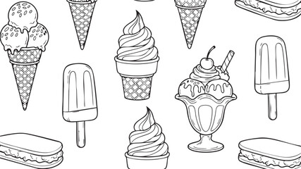 A seamless black and white outline pattern featuring various frozen desserts like ice cream cones, sundaes, popsicles, and sandwiches.