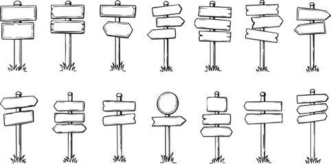 Hand-drawn cartoon vector illustration set of various blank wooden signposts and road signs, isolated on white background.