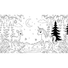 Obraz premium Enchanted forest coloring page with magical unicorn cute deer and pine trees under crescent moon and stars vector outline illustration for kids fairy tale story book and fantasy art hobby activity.