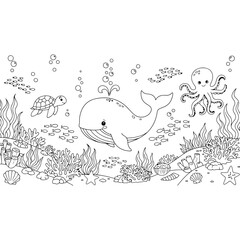 Under the sea coloring page with cute whale sea turtle octopus and colorful corals with bubbles vector line art illustration for kids marine biology education and ocean life theme art activity. © MASUM