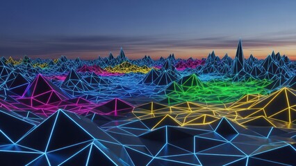 Neon-lit polygon landscape at dusk, showing triangular peaks under a colorful sky