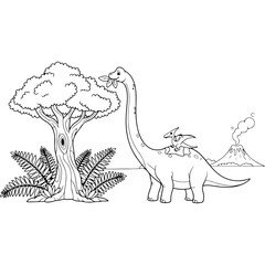 Prehistoric dinosaur coloring page with long neck diplodocus pterodactyl and volcano in background vector line art illustration for kids science education and ancient world history art activity. © MASUM