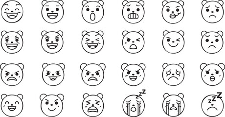 A collection of black and white line art bear emoji faces expressing various emotions and moods.