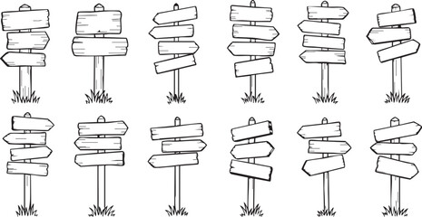 A collection of hand-drawn blank wooden signposts with multiple arrows pointing in various directions, isolated on white.