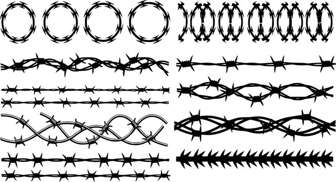 Razor wire silhouettes. Barbed wire metallic border elements, sharply barb wire fencing vector symbols set. Prison barbed wire