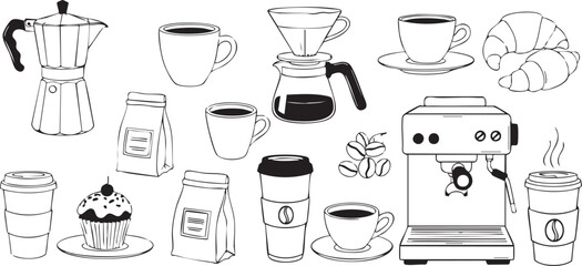 A detailed black and white line art illustration featuring a variety of coffee brewing equipment, cups, beans, and pastries.