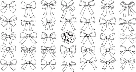 A collection of various hand-drawn ribbon bows in different styles and sizes, perfect for gift wrapping and decorative elements.