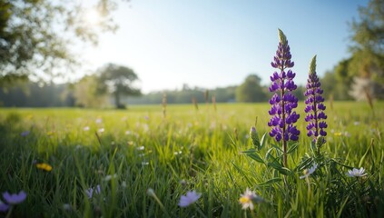 Lupinus polyphyllus flowers in the meadow, native plant for habitat preservation