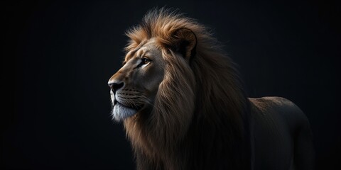 Naklejka premium Close-up of a lion's face with shadowed background, focusing on predator alertness and natural habitat