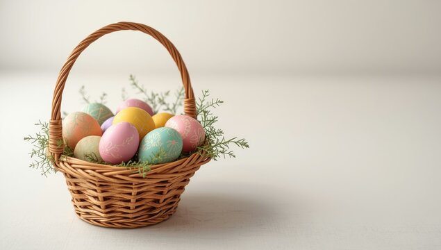 Vibrant Easter eggs nestled in a basket, festive holiday display for Easter - Powered by Adobe