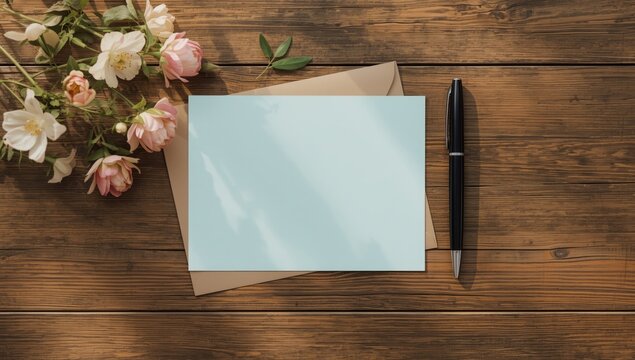 Spring-themed greeting card mockup with floral elements set against a pastel blue backdrop for print layouts - Powered by Adobe