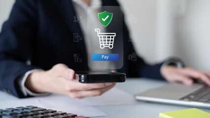 Person using smartphone in online shopping buying purchase marketing sale retail store application digital payment commerce application concept