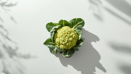 Fototapeta premium Flat lay of green cauliflower on white surface emphasizing food styling for macro shot, Earth Day