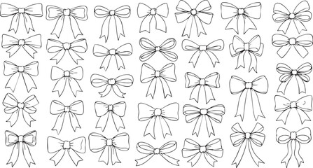 A collection of hand-drawn black and white bows in various styles and sizes, arranged in a grid pattern.