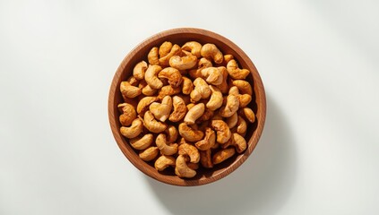 Roasted cashew nuts displayed in a wooden bowl, suitable for nutritious snacking