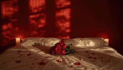 A bedroom featuring white bedding, candle arrangements, and red rose petals against a red wall, ideal for romantic occasions, Valentines Day